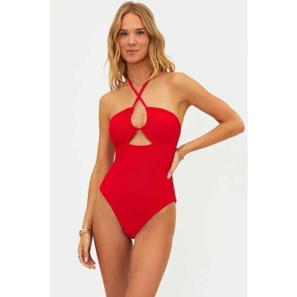 Beach Riot Women's Red Cut-Out Phoenix Halter One-Piece Swimsuit Large NWOT - Picture 1 of 4